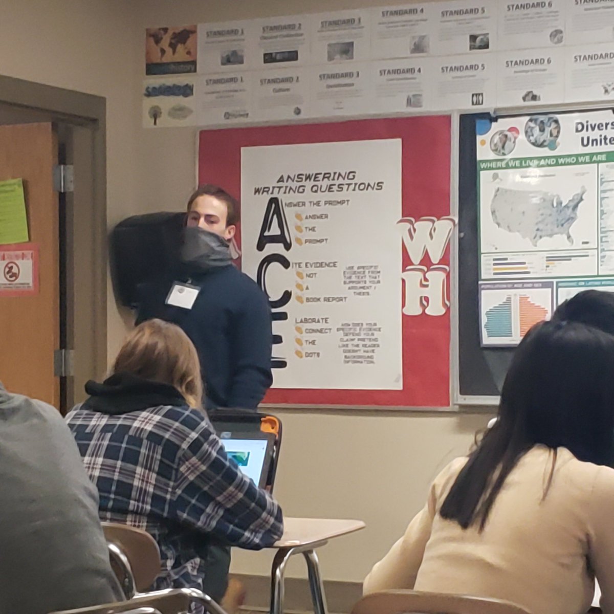 ProfJBock's tweet image. Max Nieszala starting his lesson with ⁦@NMaksimchuk⁩ in Angola High School! #TeacherbyTrine