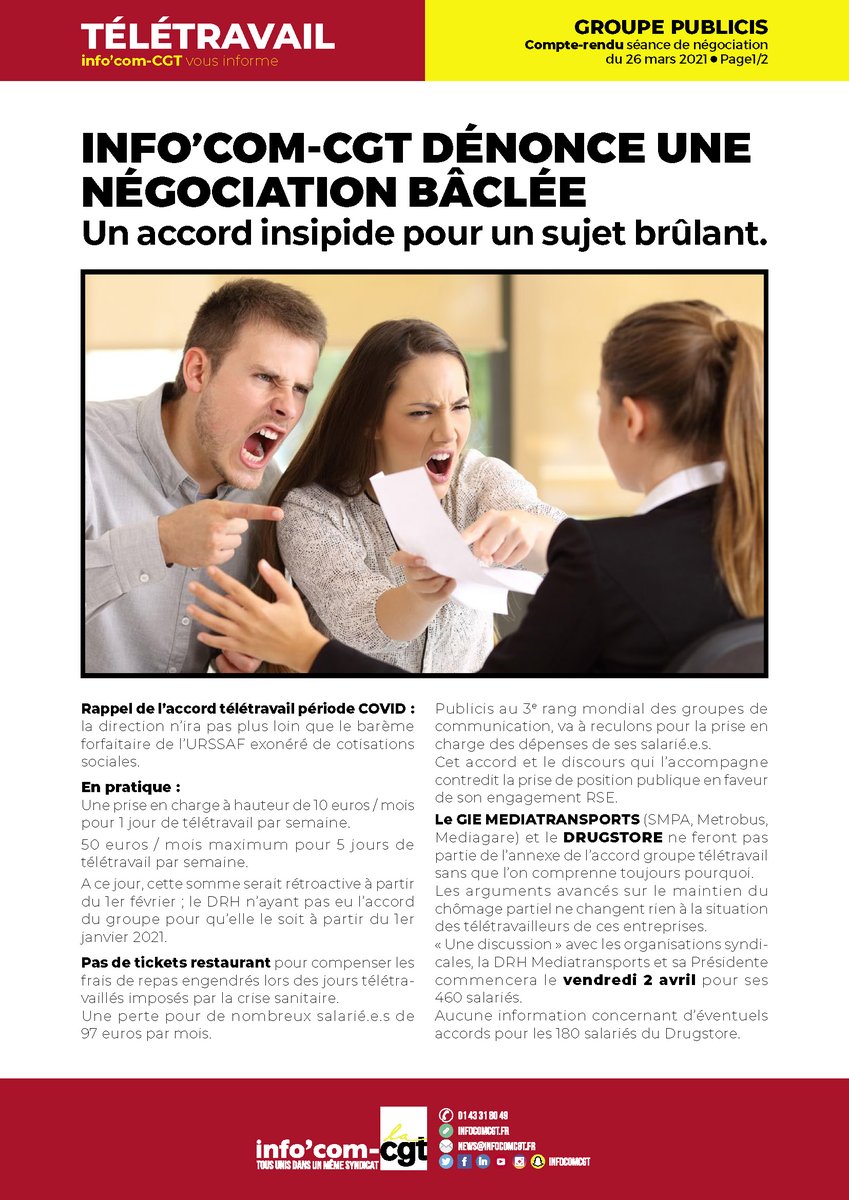 CGTPublicis's tweet photo. #GroupePublicis #Teletravail #Negociation #26mars2021
😤 INFO'COM-CGT DÉNONCE UNE NÉGOCIATION BÂCLÉE
Un accord insipide sur un sujet brûlant https://t.co/b2MvZhhWbr