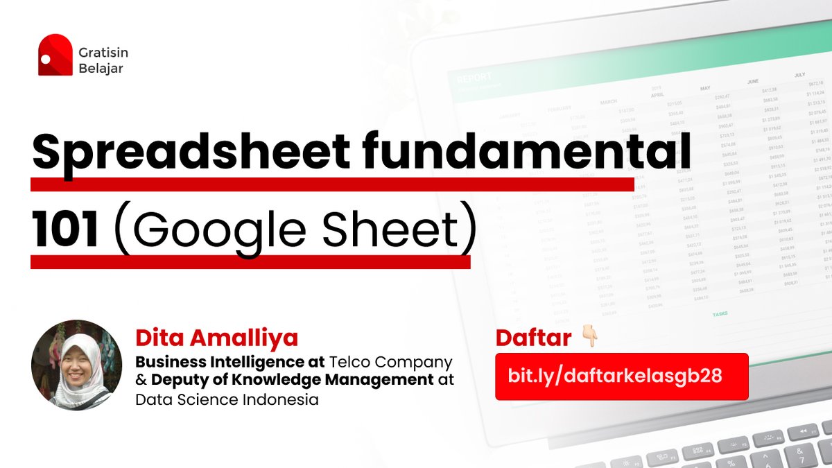 GratisinBelajar's tweet photo. Halo! Long weekend kali ini belajar spreadsheet sama Minjar, yuk. Kita akan belajar seluk beluk Google Sheet bersama Dita Amalliya, seorang data analyst.

Kelas ini akan diadakan pada Sabtu pagi, 3 April 2021 pukul 10-12 WIB. Langsung daftar di sini ya👇🏻
https://t.co/2G7qh1fUFH https://t.co/6eAZyO8M6o