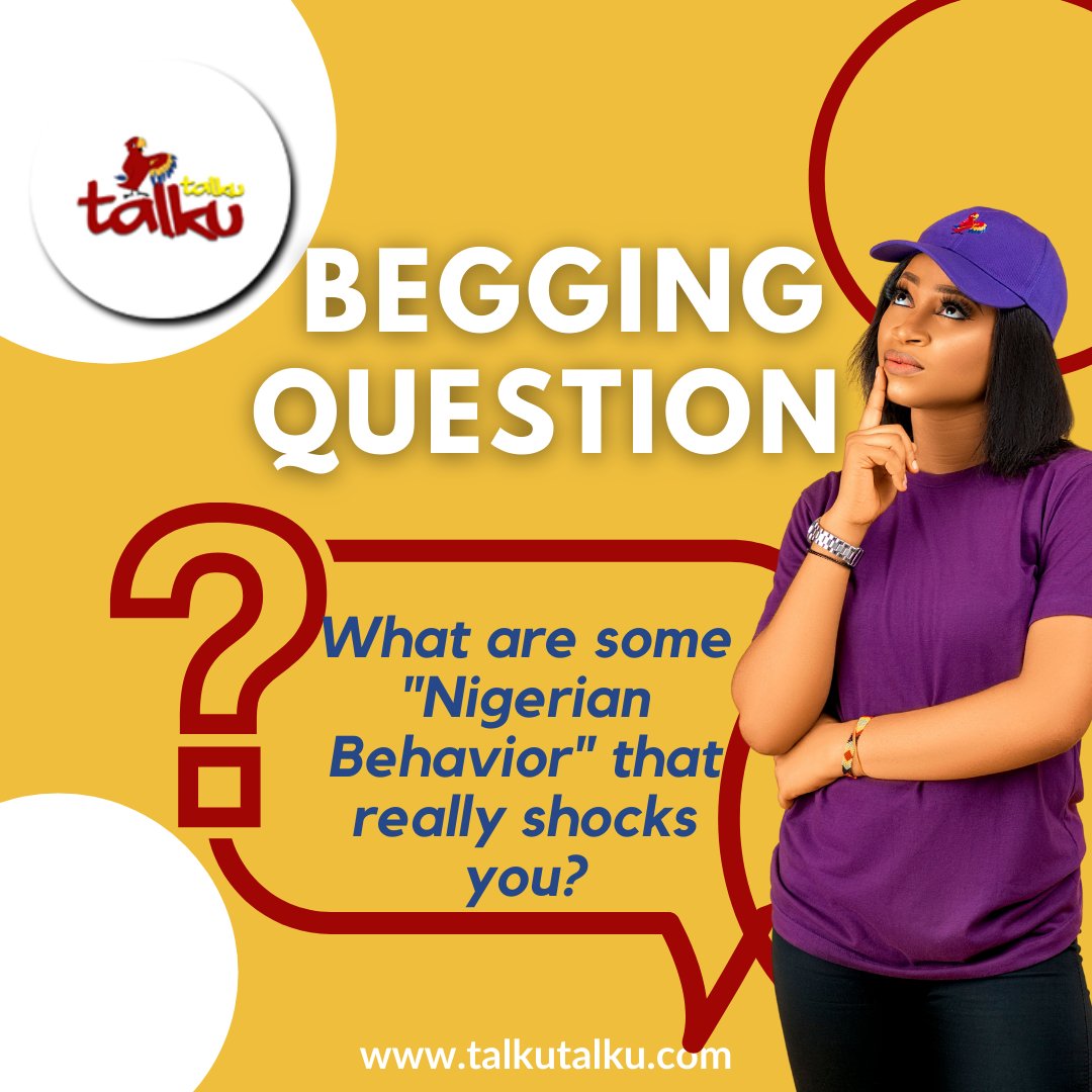 OGTalkuTalku's tweet photo. Holla guys! This week we are discussing something juicy on Begging Questions.
Nigerians do not behave the same at home and abroad. What's your take?
What are some "Nigerian Behavior" that really shocks you?
Live tomorrow at 11am. Don't miss it.
#beggingquestion #talkutalku https://t.co/4Cu04SVsXI