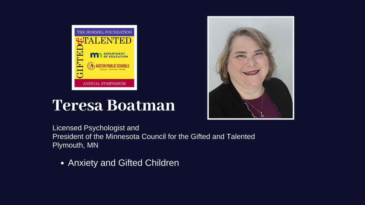 gtsymposium's tweet photo. Introducing Teresa Boatman who will present one of our virtual General Sessions:
-Anxiety and Gifted Children
@MCGT_Tweets
#GTSymposium #GTChat #AdvancedAcademic #GiftedEducation #GiftedMinds #GiftedEd #Gifted #Anxiety #GiftedChildren https://t.co/qrXQT7pi0T
