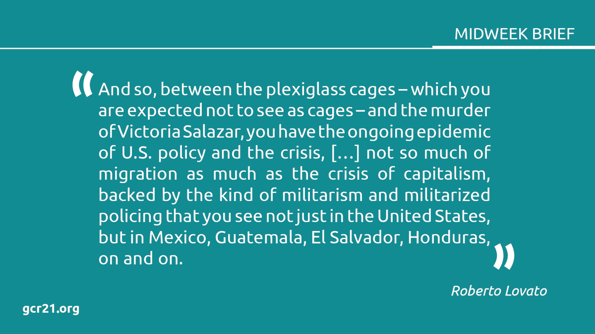 GCR_21's tweet photo. "The border is the ultimate machete of memory." Journalist @robvato talks to @democracynow about #immigration policy framed by a legacy of #HumanRights abuses, fuelled by capitalism, and concentrated at the US-Mexico border. Full article 👉 https://t.co/7tLnDivNo4 #midweekbrief https://t.co/Jx74gKvKcW