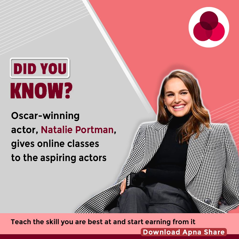 ShareApna's tweet photo. “Acting is a joyful experience. You should be free to be creative, try new things and make mistakes. That's how I learned.” Natalie Portman has been offering lessons learnt through her own experience as an actor.
You can also inspire many by teaching the skill you've mastered. https://t.co/C9O5w0ap6U