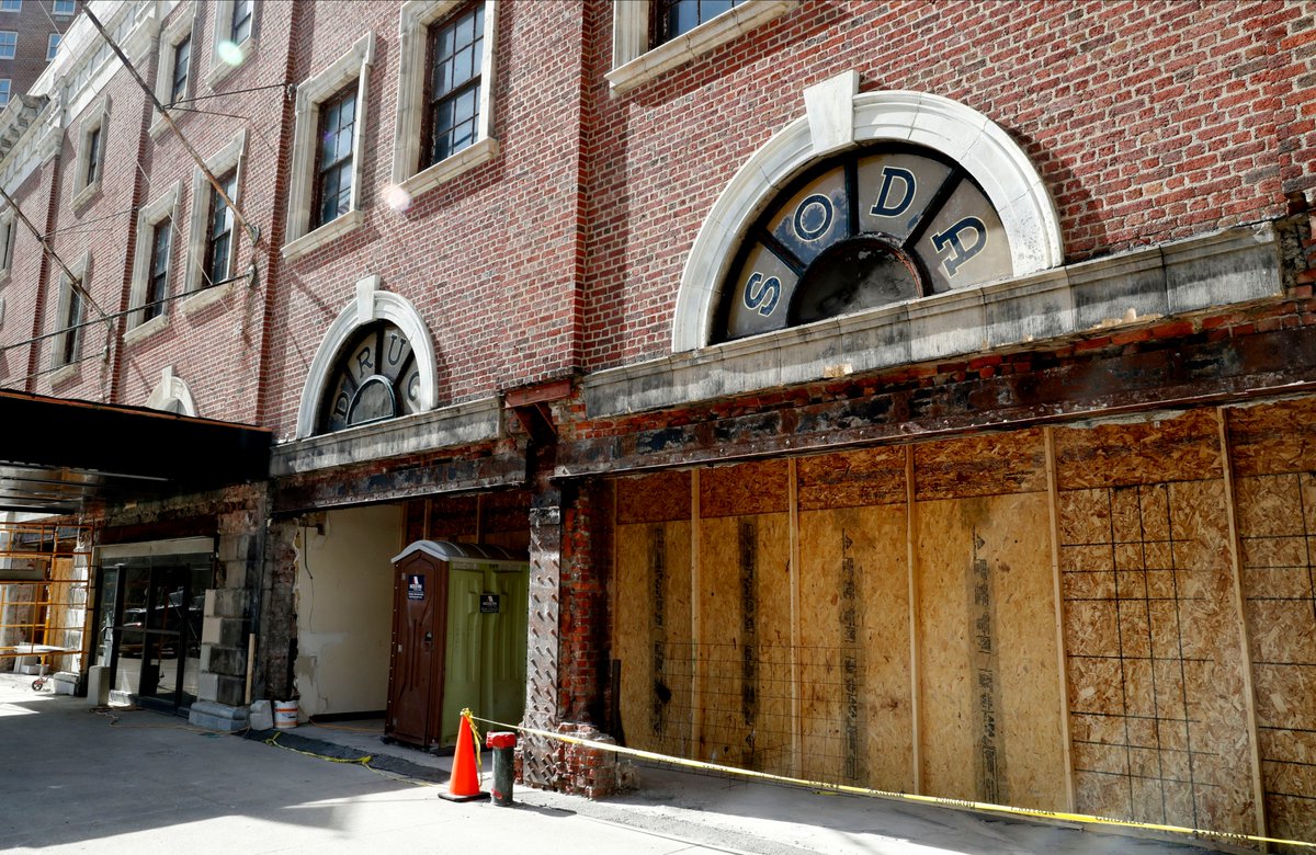 RobertKirkhamBN's tweet photo. Exciting find. @TheBuffaloNews 

Working on story with @seankirst at downtown #Statler restoration sight  + workers gave us a glimpse of these uncovered street level windows they discovered from a bygone era. Original shop window panes from a drug store and/or soda shop. https://t.co/TaGn1Am9eY