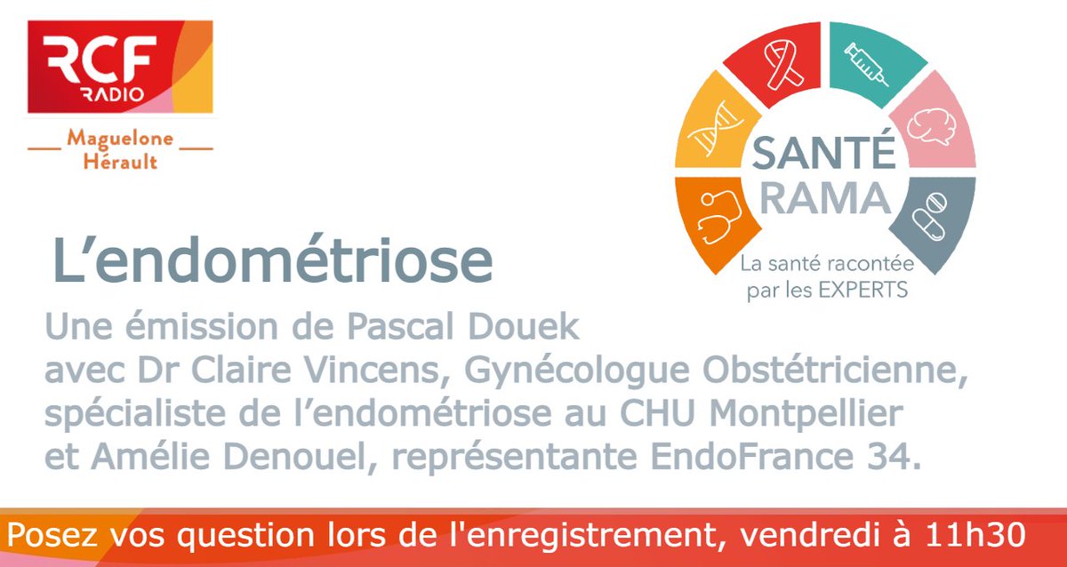L'émission Santérama présentée par <a href="/PascalDouek/">Pascal Douek</a> avec @Asso_EndoFrance prévu vendredi est décalée au vendredi 9 avril.
Enregistrement maintenu ce vendredi 2 avril à 11h30, n'hésitez pas à poser vos questions sur l'endométriose au 0467558550, en commentaire ou par message privé !