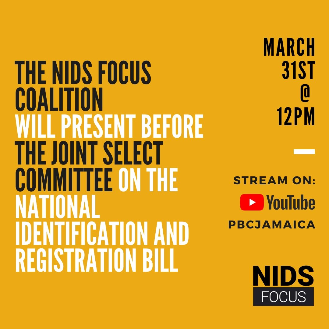 JAForJustice's tweet photo. TODAY: The #NIDS Focus Coalition presents to the #JointSelectCommittee. We outline key concerns and propose solutions to ensure a socially inclusive, rights-respecting, secure & private national ID.
Proceedings begin at 12pm. Watch via @pbcjamaica: https://t.co/y2TAUqdpg3 https://t.co/oU47GSniPS