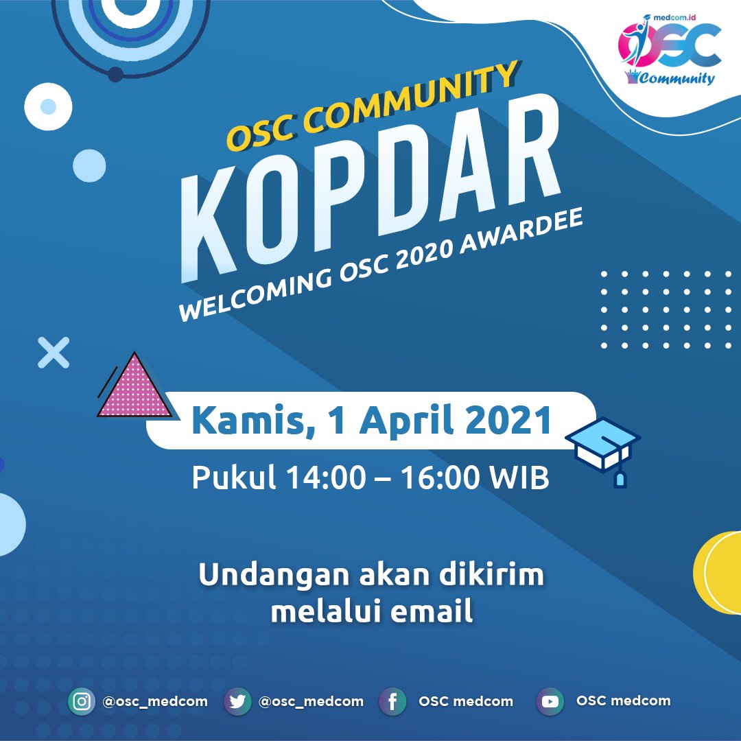 BeasiswaOSC's tweet photo. Beasiswa #OSCMedcom2020 mana suaranyaaa?π₯³
Menyambut OSC 2020 Awardee dalam keluarga besar OSC. Yuk join OSC Community Kopdar : Welcoming OSC 2020 Awardee!
Undangan dan link zoom akan dikirim via email, tungguin ya. See you on Thursday #SobatOSC 2020 Awardeeπ https://t.co/TUFrVUp1IO