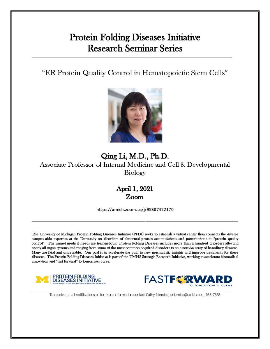 Qing Li, M.D., Ph.D., Associate Professor of Internal Medicine and Cell &amp; Developmental Biology at the University of Michigan will be our Seminar Series speaker for April.  Join us tomorrow, April 1.