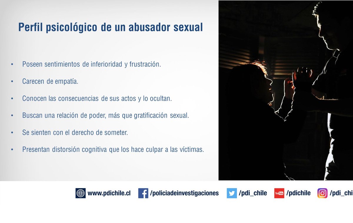 PDI_Antofagasta's tweet photo. ¿Qué caracteriza a un abusador sexual? De acuerdo a los psicólogos forenses de nuestro Instituto de Criminología, si bien no existe un único perfil, muchos de ellos presentan patrones comunes de conducta.
#87AñosInvestigando https://t.co/OOLZYuOjJ0