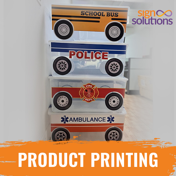 Cute storage containers that we printed in the design of Public Emergency Services for Bloom Learning Centre. 

Call us at 943-SIGNs (7446) to personalize items to create a fun and interactive daycare environment for children.

 #signsolutions #printing #productprinting #signs