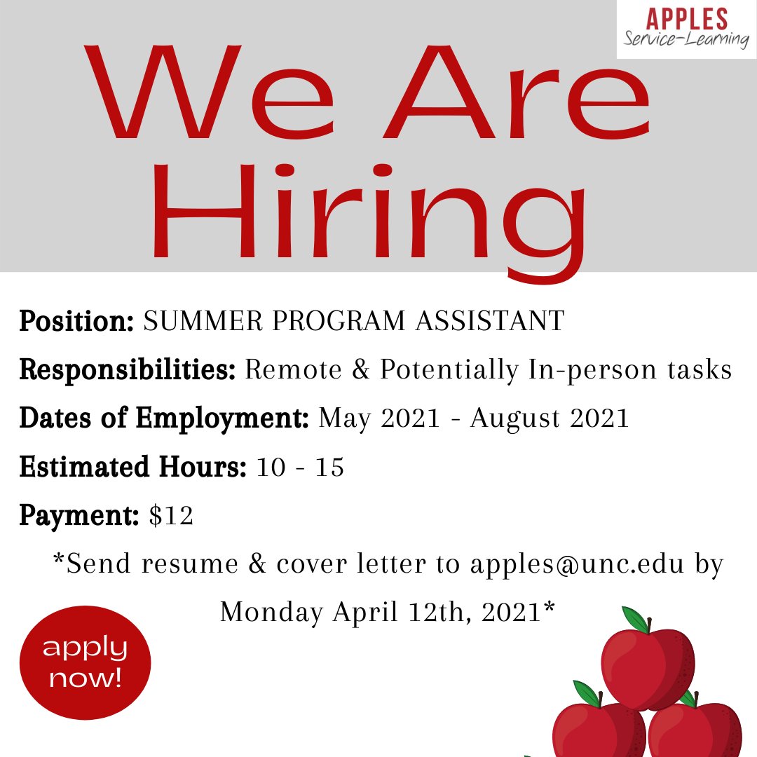 UNC_APPLES's tweet image. APPLES would like to announce that we are hiring a Summer Program Assistant for summer 2021! The position is very flexible and consists of a balance between remote and potential in-person tasks! Learn more details about the position here: ccps.unc.edu/wp-content/upl…