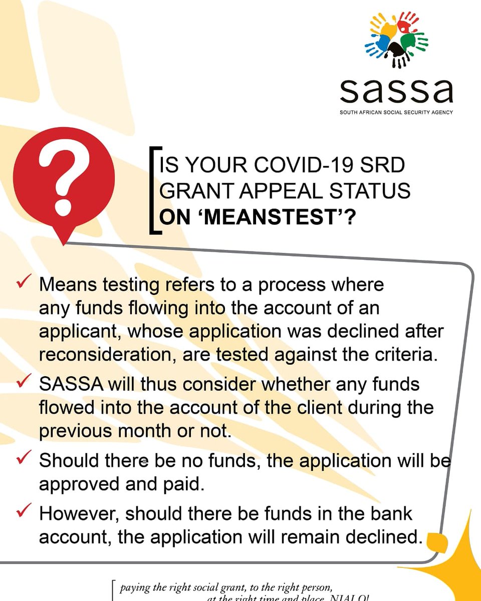 What does it mean if your COVID-19 SRD grant appeal status is on 'meanstest'?