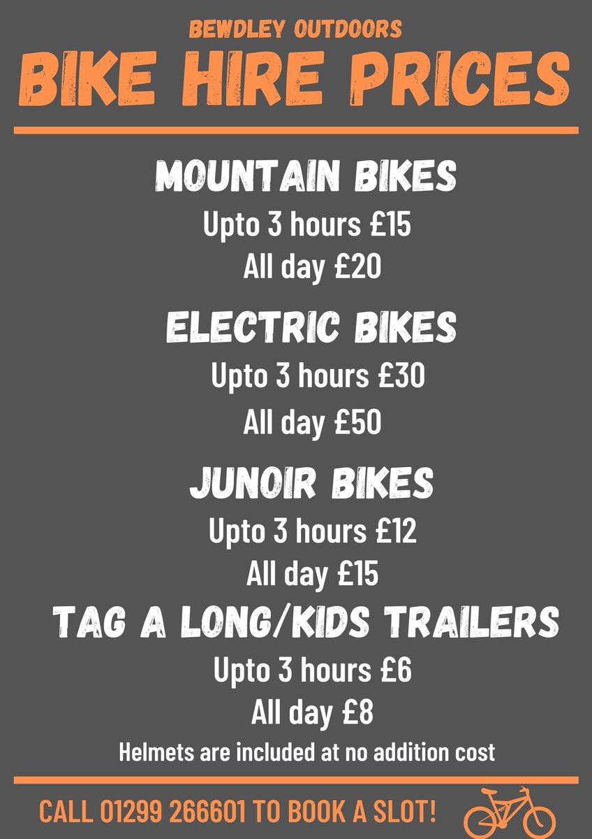 Wondering about our prices?
Here is out price list for bike hires!
To book give us a call on:
01299 266601