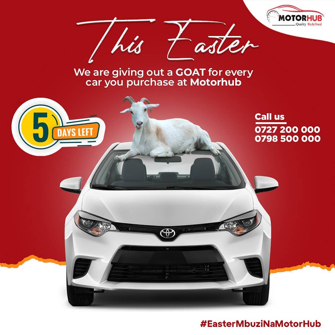 BahatiKenya's tweet photo. JUST 5 DAYS REMAINING!!! YOU BUY A CAR FROM US @MotorhubLTD YOU GET A FREE GOAT ๐ JUST LIKE THAT! CALL THIS NUMBER 0717553334 ALAFU WAAMBIE WAKUPEE DISCOUNT YA BAHATI ๐ #MOTORHUBDELIVERS https://t.co/JwcgtBt1dQ