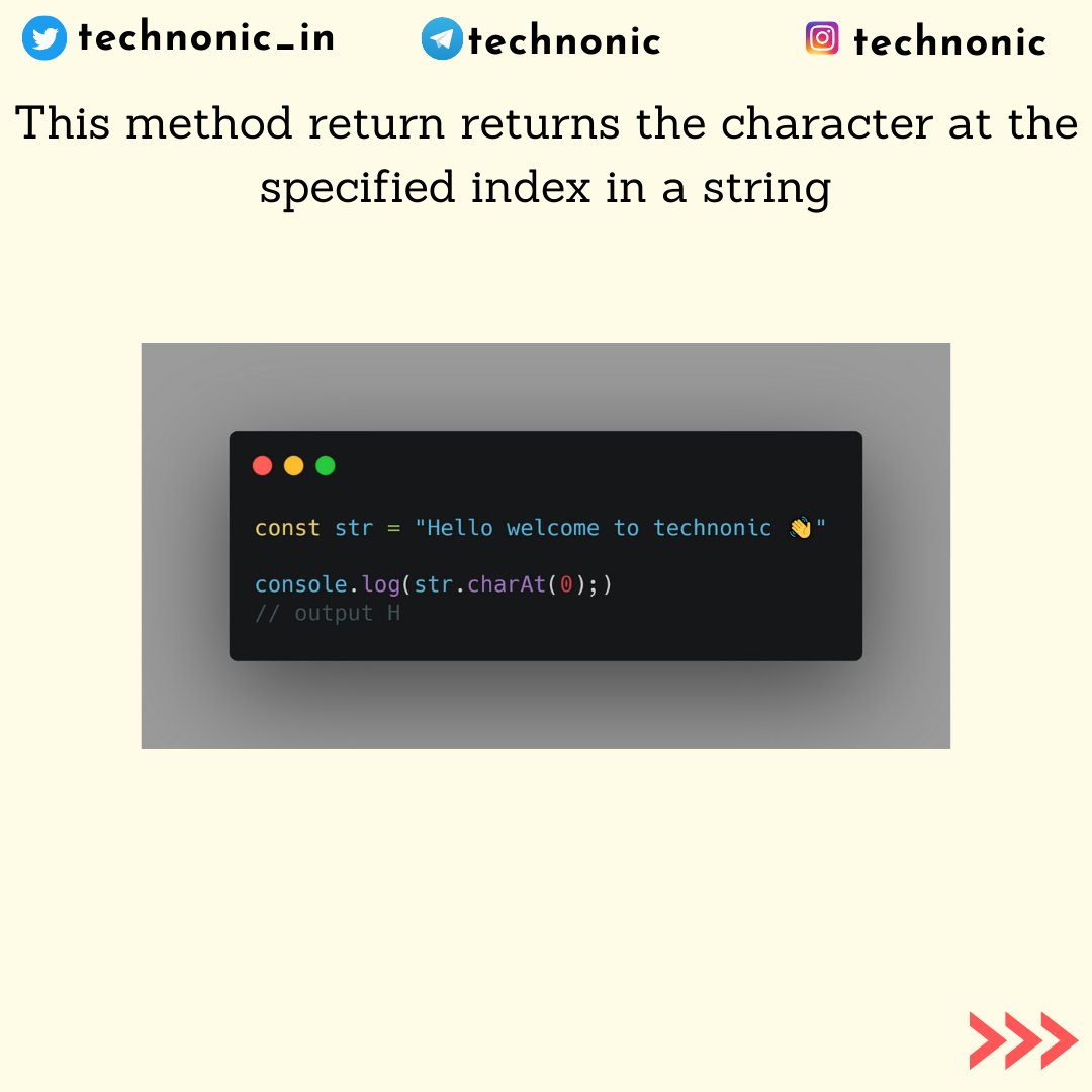 technonic_in's tweet image. charAt

This method return returns the character at the specified index in a string 
#30daysofcode #javascrtipt #javascriptfunctions #30dayjavascriptchallenge #charAt
