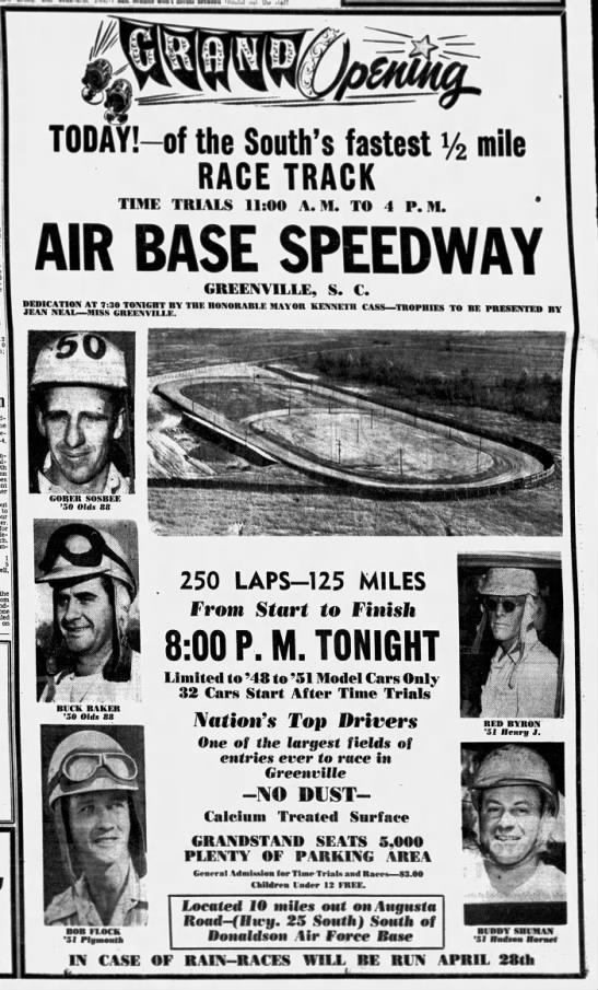 S1apSh0es's tweet photo. How's about Airbase Speedway in Greenville, SC? It hosted one Cup Series race in August of 1951 and had quite a turbulent but short history. Even Buck Baker tried to lease the track at one point. #LostSpeedways2 https://t.co/tgpOg0gD5M