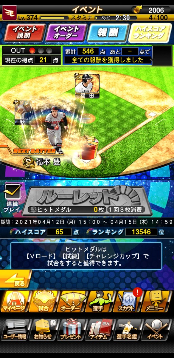 古味克也 ここで終了でございます 242エナジー消費 ここでもゴールド契約書とか特訓コーチ エナジー も来たのでなんやかんやこのイベントもおいしいな できればフェスタガン回ししてaとかsランクの契約書ほしかったけどw プロスピa ルーレットヒッター