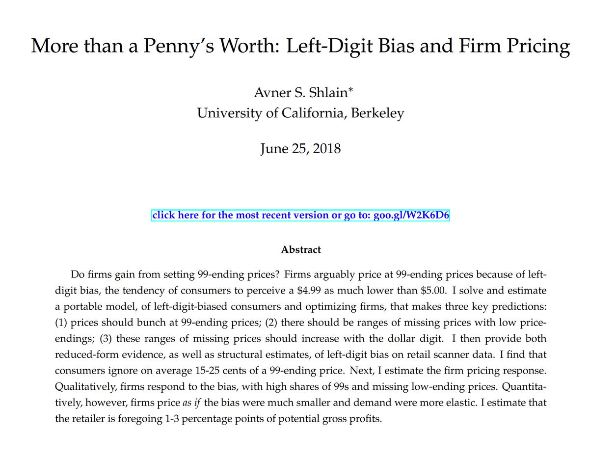 The end-a-price-with-99 trick is surprisingly powerful:
🚗Cars with 79,999 miles sell for $210 more than 80,000 &amp; only $10 less than 79,899
🍊Food prices ending in .99 are viewed as 15-20¢ cheaper... But stores think the mental discount is 2¢ so they don't use the trick enough!