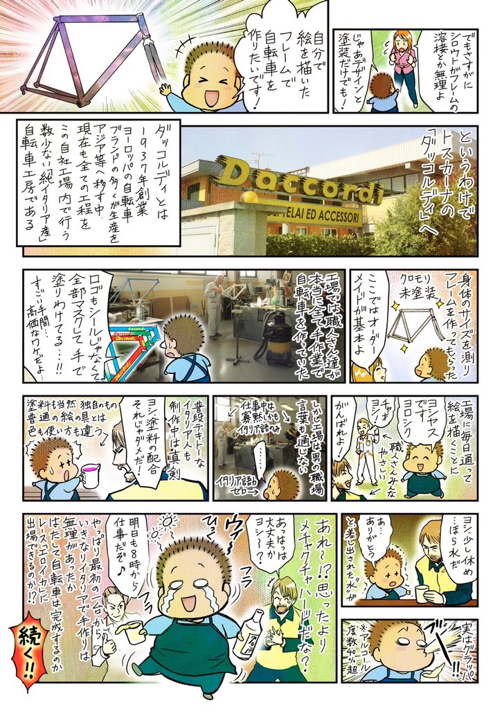 イタリアでロードバイクを手作りした話
(2013年『BICYCLE PLUS』Vol.8-9掲載)

昔描いたマンガを見つけたので 