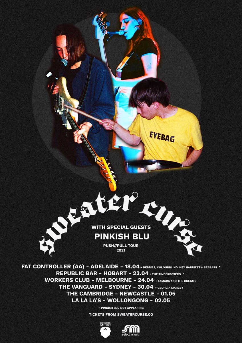 jumping on this tour! starting next week in melbourne, then we go to sydney, newcastle & wollongong. thank u @sweater_curse for having us 🥵🙏 tix: sweatercurse.co/shows