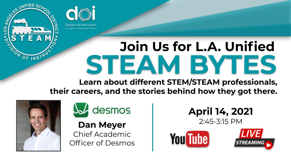 Dan Meyer just gave us a wonderful glimpse into his STEAM journey today on L.A. Unified STEAM Bytes.  Watch him talk about how he got into math education and how he wants students to be passionate about their life's pursuit. <a href="/LASchools/">Los Angeles Unified</a> <a href="/ddmeyer/">Dan Meyer</a> #STEMBYTES youtu.be/3bU1bEKkK7w