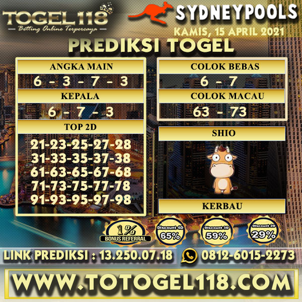 Davina Indira On Twitter: "Prediksi Togel Sydney Pools 15 April 2021 -  Diskon Togel Terbesar, Menang Berapapun Dibayar, Info Hubwa:+6281260152273  Link : Www,Totogel118,Com #Togelonline #Togel118 #Togelhongkong #Agentogel  #Togelsydney #Togelsgp ...