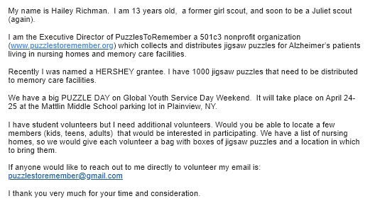 PuzzlesRemember's tweet image. Teen volunteers needed in Plainview NY area to distribute puzzles to nursing homes. Community service credit will be awarded.