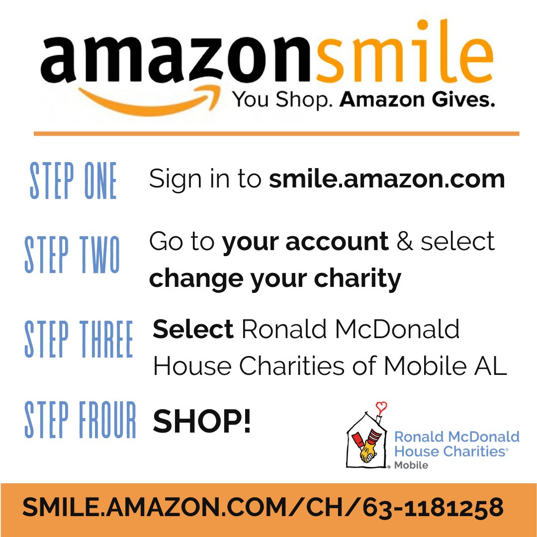 Every time you shop using AmazonSmile the Foundation will donate 0.5% of the purchase price of eligible products to the charitable organization of your choice! To choose RMHC of Mobile as your charity of choice use the link below before you start shopping smile.amazon.com/ch/63-1181258