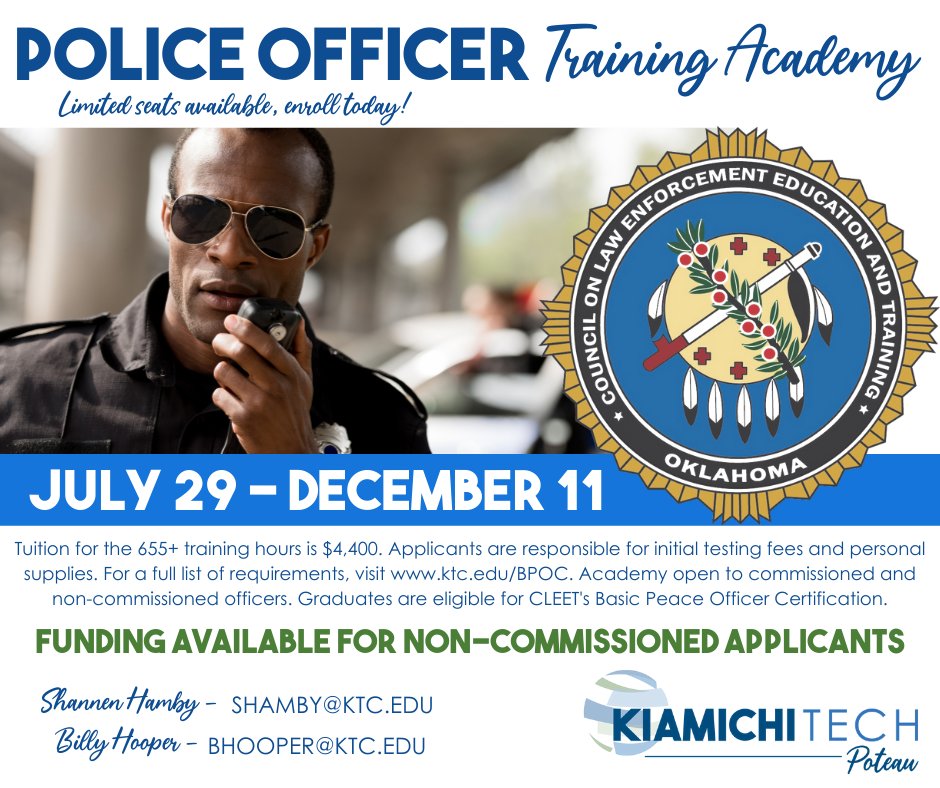 Looking to start your career in law enforcement?

Application for the Police Officer Training Academy will open Friday! For a full list of requirements and more information go to KTC.EDU/BPOC
