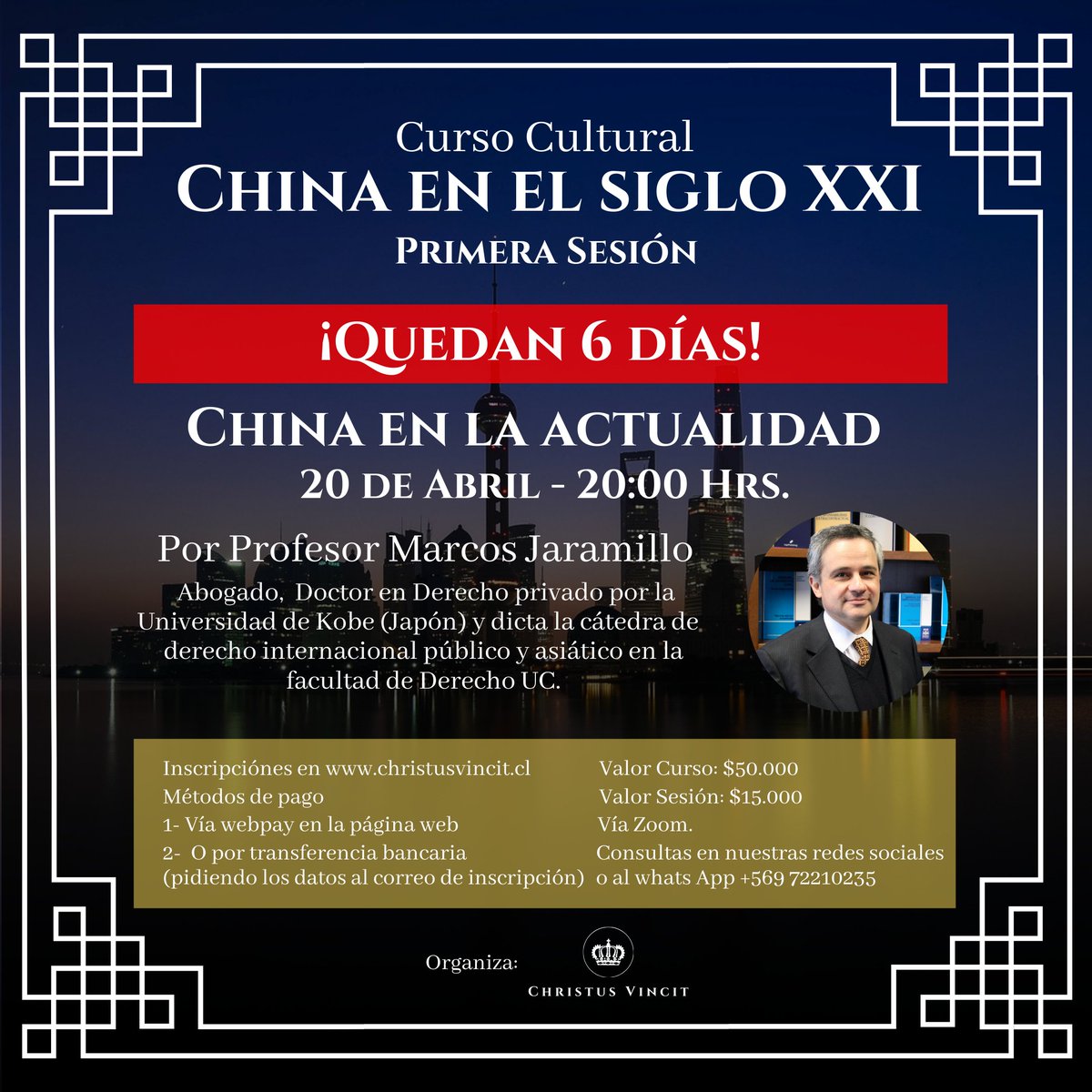 ChristusVincit_'s tweet photo. Te queremos invitar a nuestro primer curso cultural “China en el Siglo XXI” dictado por el profesor Marcos Jaramillo @M_Jaramillo_333, Doctor en Derecho Privado por la Universidad de Kobe (Japón). Te puedes inscribir en https://t.co/OlNuQSh6pb. ¡No te lo pierdas ! https://t.co/c0aUVW41ew