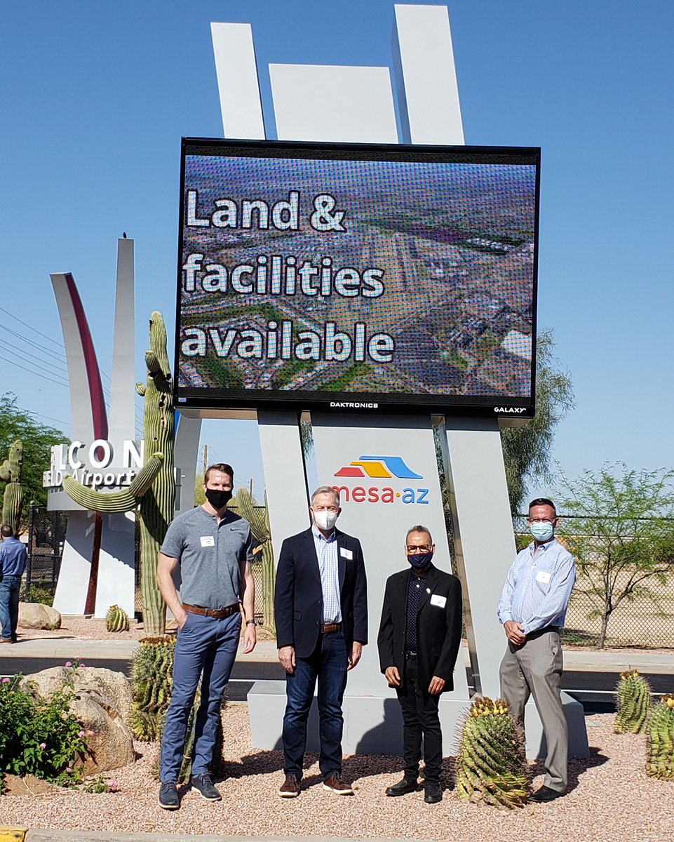 CityofMesaMayor's tweet photo. Mesa’s @FalconFieldAZ Airport continues to attract industry opportunities for aerospace, defense, manufacturing and technology. Yesterday they celebrated the completion and dedication of a new entry marker and digital marquee. #FalconField @MesaDistrict5 #District5 #InspireMesa https://t.co/c9zY7qrDxJ