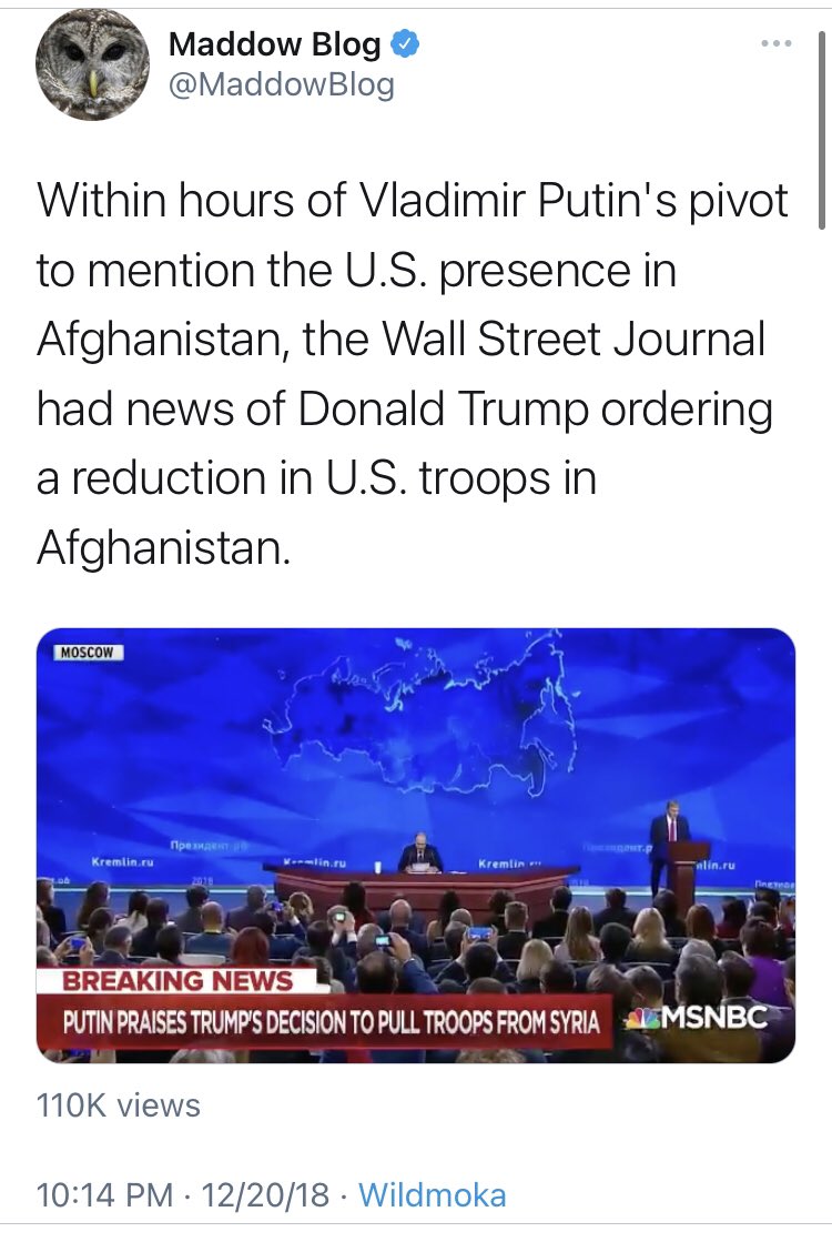 Its interesting that  @maddow/ @MaddowBlog no longer seem to see the invisible hand of Russia calling the shots now that it is Biden pulling troops out of Afghanistan. Instead, it’s a great thing.