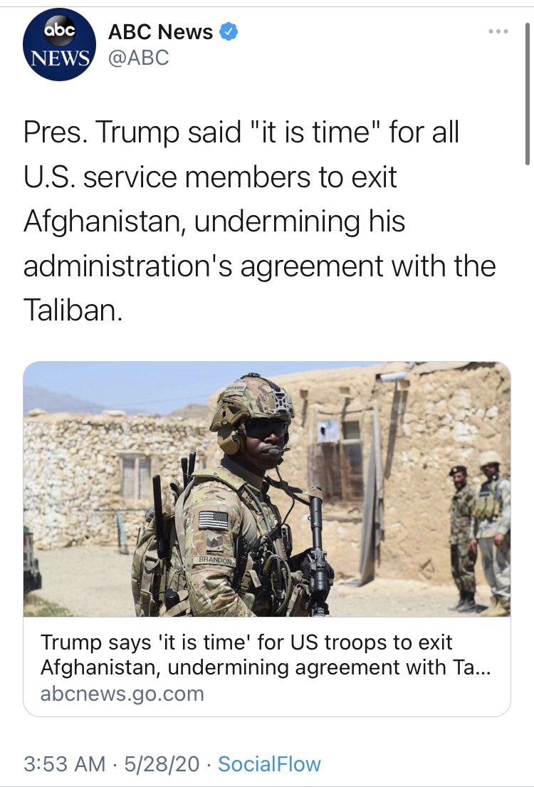 When it was Trump making the decisions,  @ABC rushed to tell us about how the decision would “undermine his administration’s agreement with the Taliban.”It didn’t. And now that Biden is calling the shots, we’ve got nothing but pomp, circumstance and PR pull quotes.