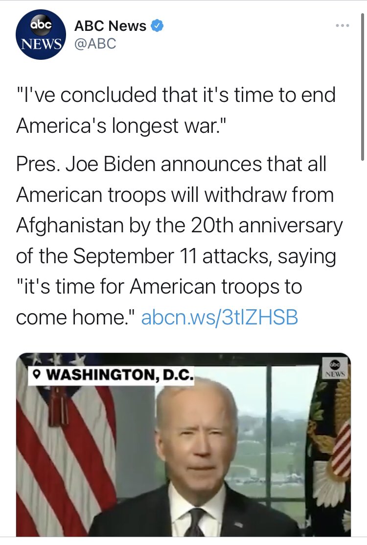 When it was Trump making the decisions,  @ABC rushed to tell us about how the decision would “undermine his administration’s agreement with the Taliban.”It didn’t. And now that Biden is calling the shots, we’ve got nothing but pomp, circumstance and PR pull quotes.