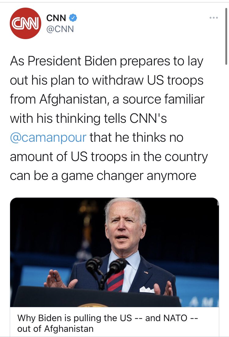 When Trump said we were leaving,  @CNN quoted the NATO Sec Gen with a “stark warning” about how “dangerous” the move would be.But Biden’s decision? Well, on that one, we just get to hear from his people.