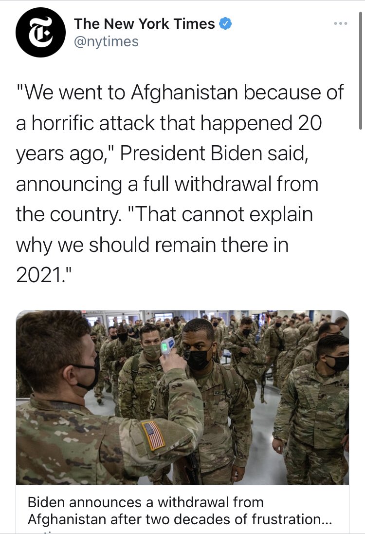 Once upon a time,  @nytimes told us that Trump’s decision was a capitulation to the Taliban where we would get nothing in return - as if blood not shed and treasure not spent means nothing.But Biden’s call? Well, for some reason these concerns seem to have evaporated.