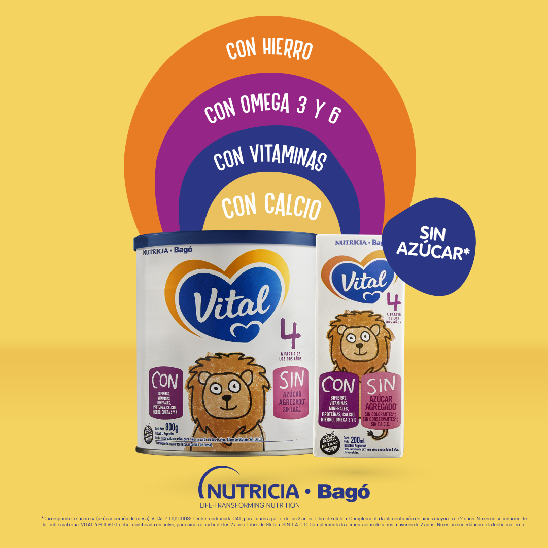 Elegí darle a tu hij@ una alimentación completa todos los días. Vital4 con todo lo que tu hij@ necesita de una leche infantil, y nada más.