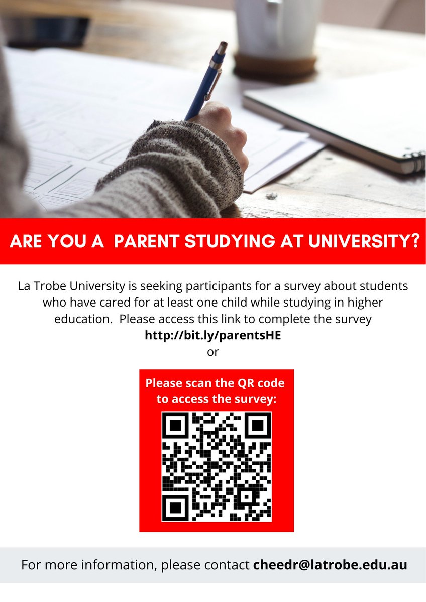 Are you a parent studying at university? La Trobe University is seeking participants for a survey about students who have cared for at least one child while studying in higher education.  Please click on this link to complete our online survey: bit.ly/parentsHE