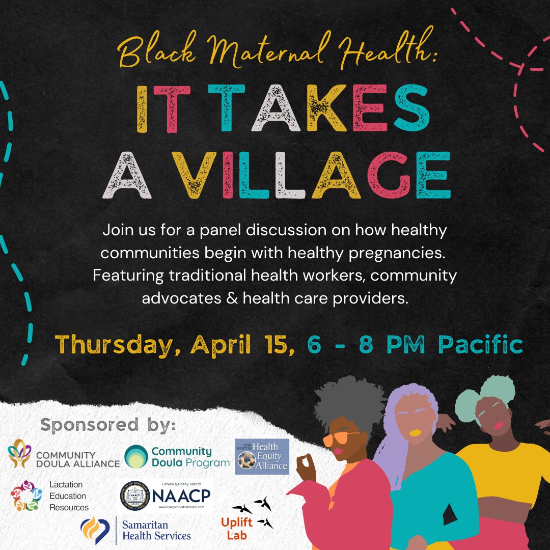 It Takes a Village: Join us TOMORROW! Thu. 4/15, 6-8PM PT. Register here --> bit.ly/BMHW21

#BMHW21 #BlackMaternalHealthWeek #BlackMamasMatter
#BirthJustice #ReproductiveJustice #BlackMothersMatter #BlackBirthMatters #MaternalEquity #BlackMaternalHealth