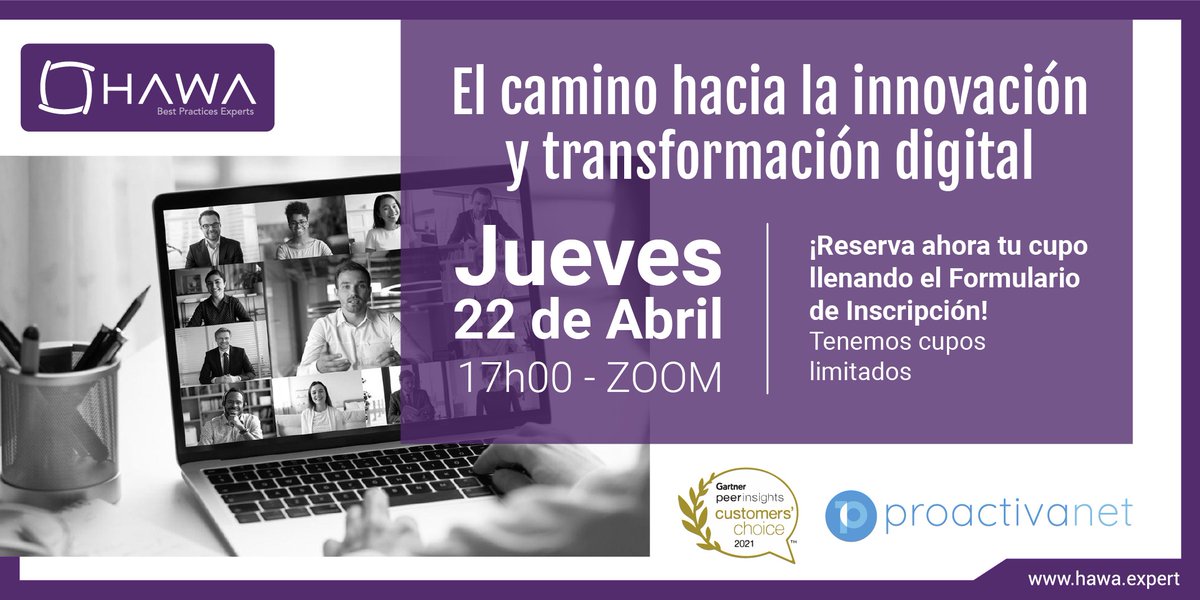 HawaExperts's tweet photo. #HawaWebinar

¡NOS QUEDAN POCOS CUPOS! Estaremos hablando de #Tendencias de #TransformaciónDigital y de #Innovación, con varios expertos nacionales e internacionales. Inscríbete en el siguiente link: https://t.co/IxgEvyqOny

#Webinar #HawaExperts #Proactivanet #Online https://t.co/G5RSpyqcUI