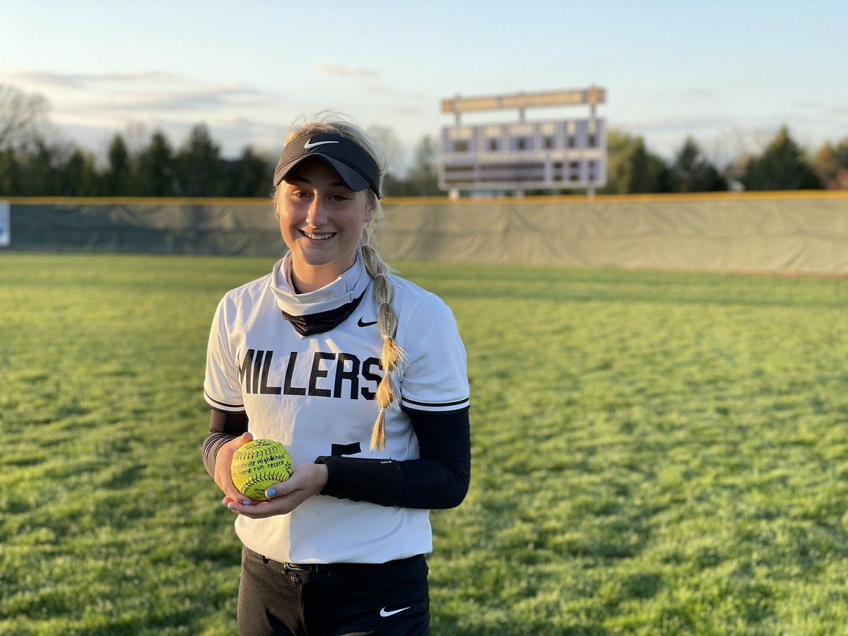 Ella White is Noblesville High School’s new Home Run Queen! Ella hit her 26th career home run in the 2nd inning of the Millers’ win at Carmel! #MillerPride