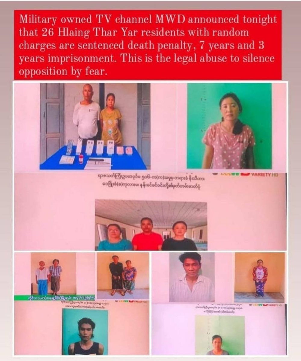 YellThu5's tweet photo. RT @uscb: The #junta has sentenced 23 protesters to death. They announced the decision on military-owned MRTV and MWD networks. These excessive and arbitrary sentences are proof that the rule of law is dead in #Burma under #Tatmadaw rule.  #RejectBurmaCoup https://t.co/KvwpmZyK29