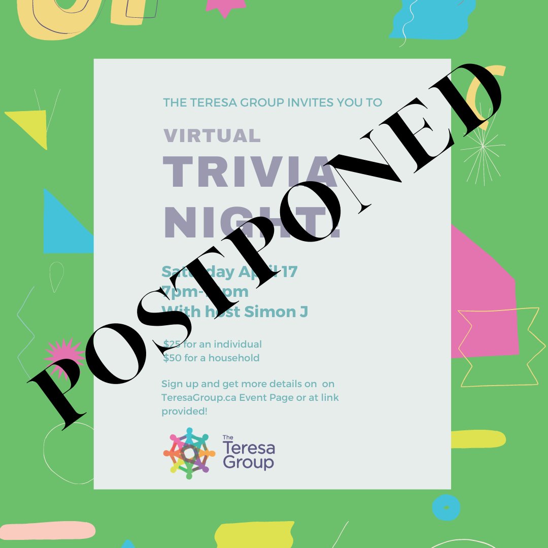 TheTeresaGroup's tweet image. Due to unforeseen circumstances, we have to postpone our virtual trivia event this Saturday.

For those who already registered, we will be reaching out to you directly.

We look forward to seeing you when we are able to confirm a new date!