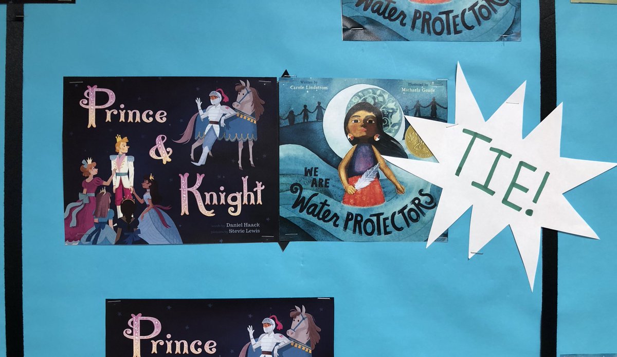 MissFarrKinder's tweet photo. Our March Madness Book Tournament ended in a tie! Congratulations to “We Are Water Protectors” by @CaroleLindstrom and “Prince And Knight” by @DanielHaack 👏🏼 The two winning books will be purchased for each classroom in our PreK-K school from @PGR_Books 📚 #supportsmallbusiness https://t.co/gVNYEwGDOA