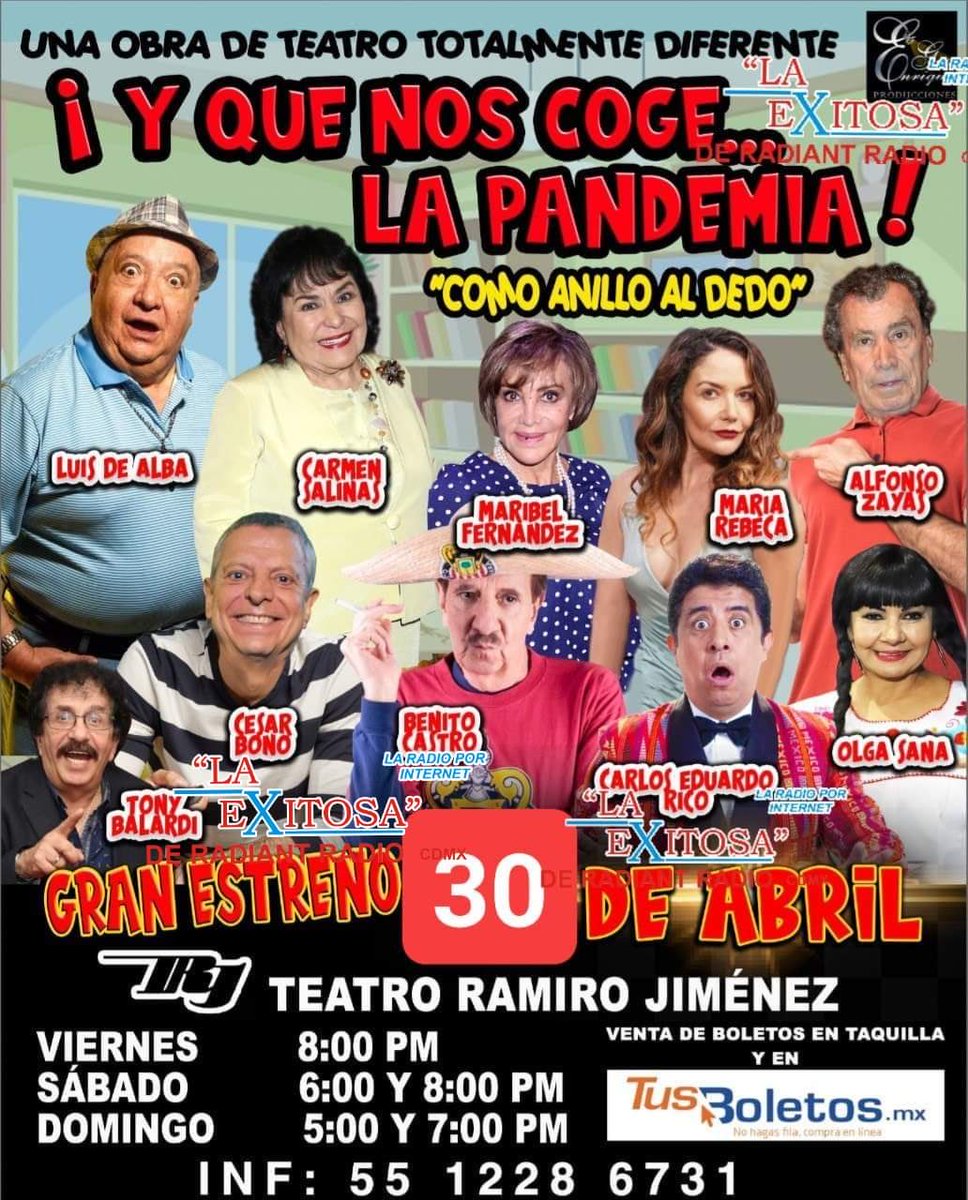 No te vayas a perder esta magnífica obra. ¡Y QUE NOS COGE LA PANDEMIA! ¡COMO ANILLO AL DEDO LOS ESPERAMOS EN EL TEATRO #RAMIRO JIMENEZ EN DIVISIÓN DEL NORTE NO 2545 PONES EL WAZE Y TE LLEVA DIRECTO. MIRA QUE ELENCO. CS.