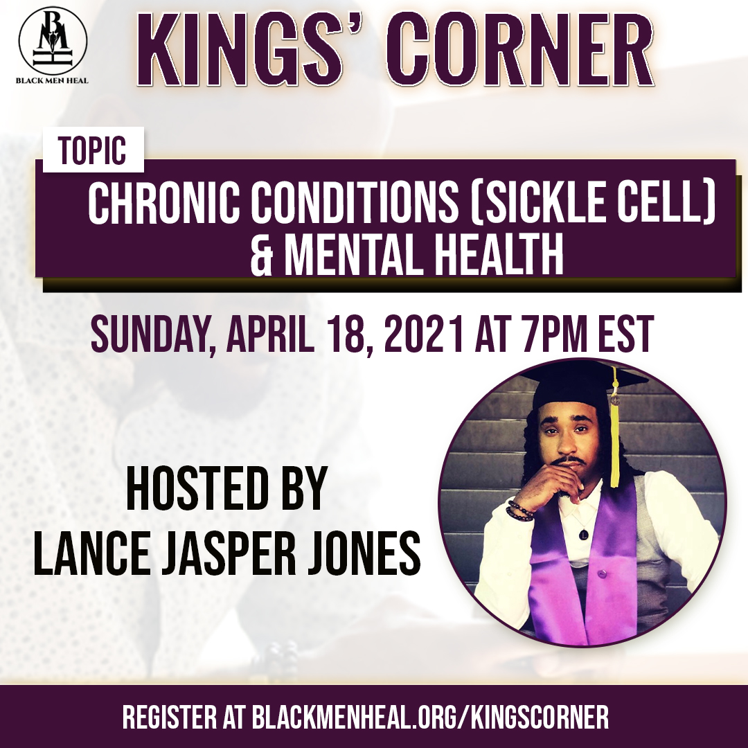 blackmenheal's tweet photo. Kings, join us for this week's Kings' Corner where we'll be discussing: Chronic Conditions (Sickle Cell) and Mental Health, with host Lance Jasper Jones
+
+
Click the link in our bio to register or go to https://t.co/bjGiQETIPL Please remember these sessions are for MEN ONLY 18+ https://t.co/InyBiLCMJP