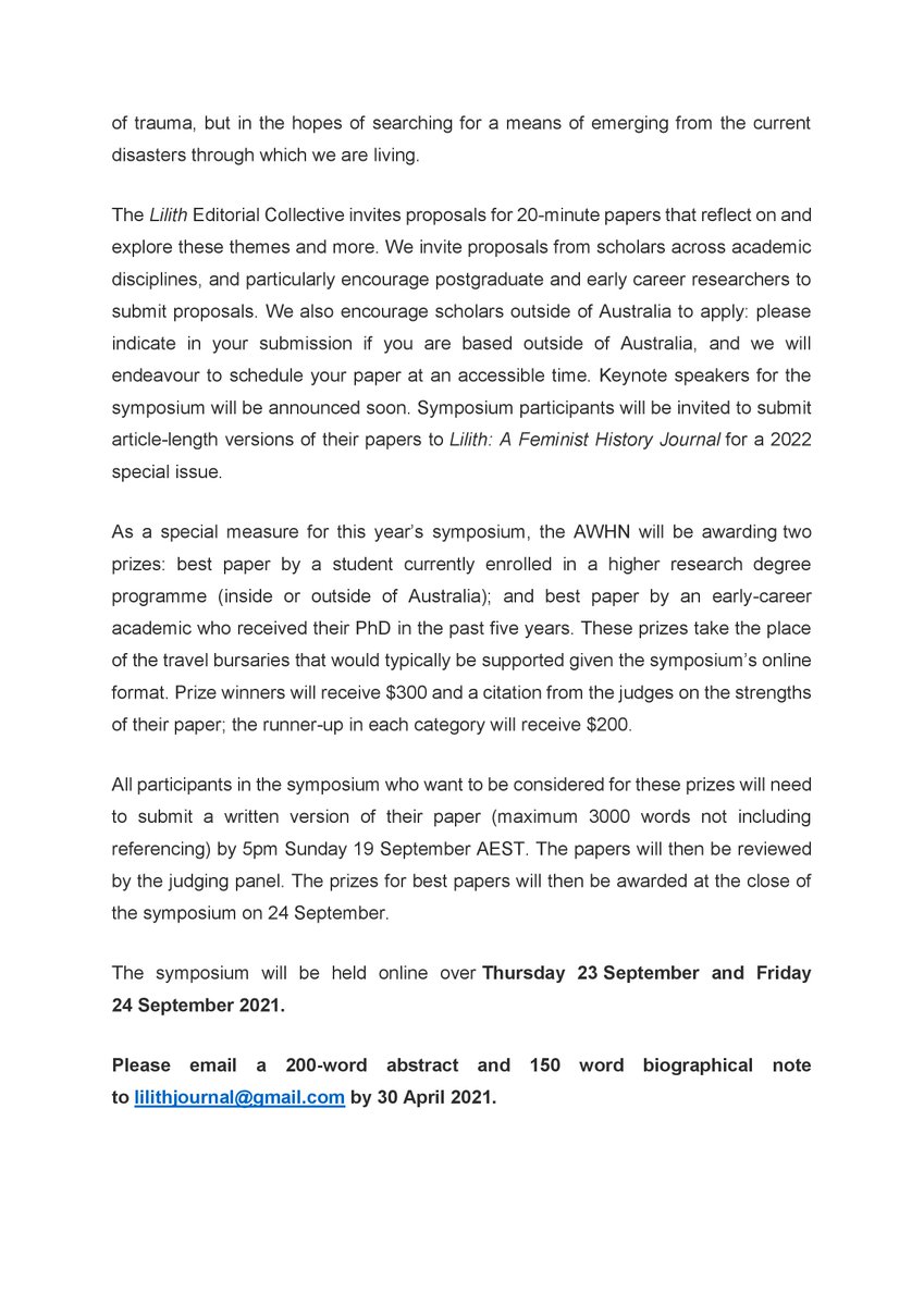 2 more weeks to send us your ideas for our online symposium later in the year, 'Gender in Catastrophic Times.' Come share your thoughts with our incredible network of scholars! <a href="/auswhn/">AWHN @auswhn.bsky.social</a> #genderhist #ozhist  #queerhist