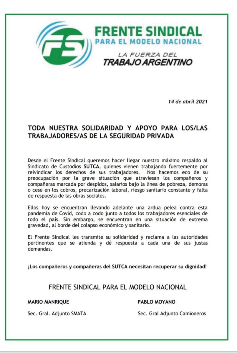 DiazUdocba's tweet image. El #FrenteSindical se solidariza y respalda el reclamo de los compañeros y compañeras del #SUTCA en este grave contexto de pandemia 
@LosCustodios @Christian_Sutca