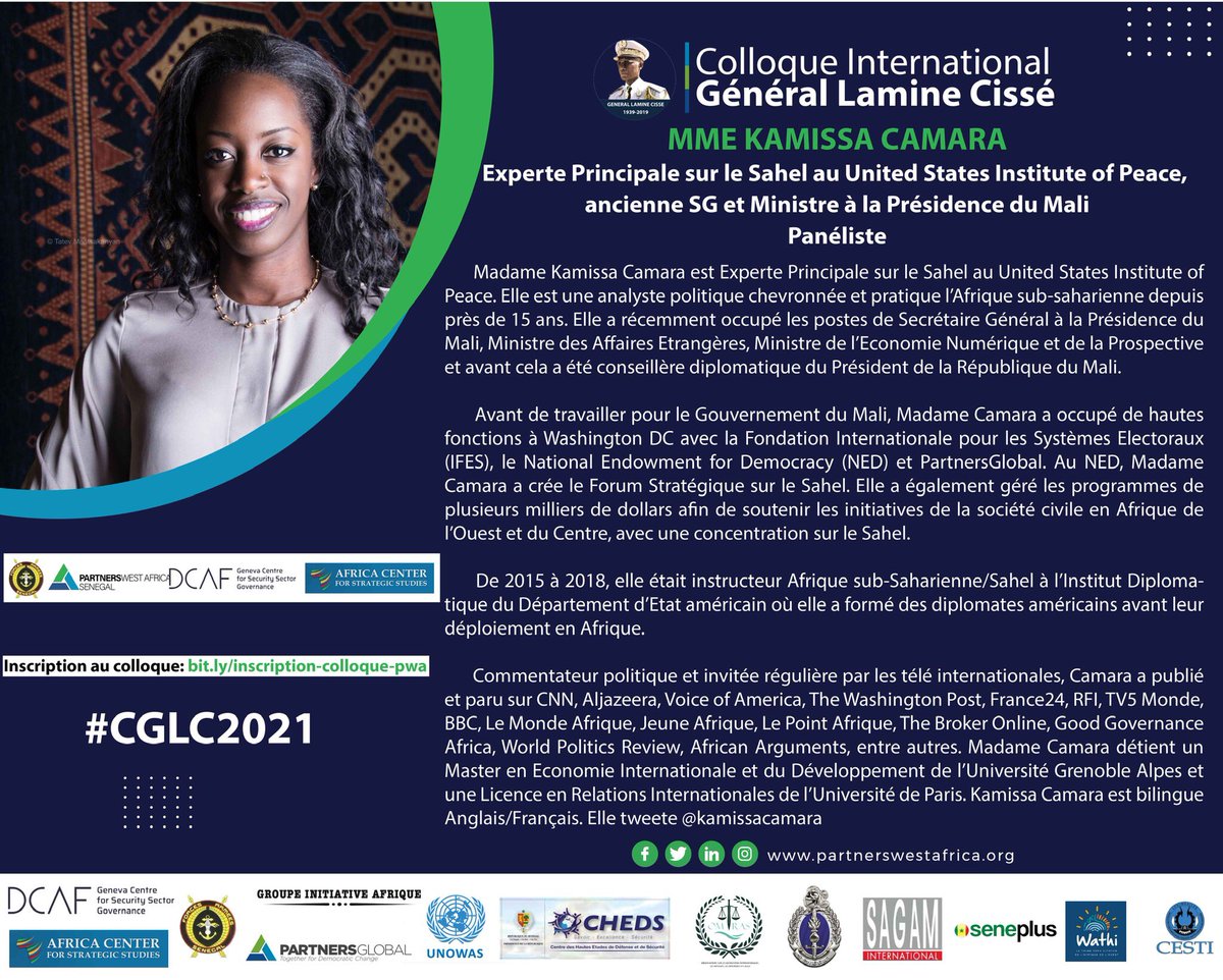 PWA_Senegal's tweet photo. JOURNÉE DE RECONNAISSANCE ET D’HOMMAGE À LA MÉMOIRE DU GÉNÉRAL LAMINE CISSE le 16 Avril 2021
—
Panel 4: La place et le rôle de la diplomatie dans la promotion de la paix et de la sécurité

Inscription au colloque👇🏾
https://t.co/M0Fc6zBJK2 

#CGLC2021 https://t.co/44iwQtjrAm