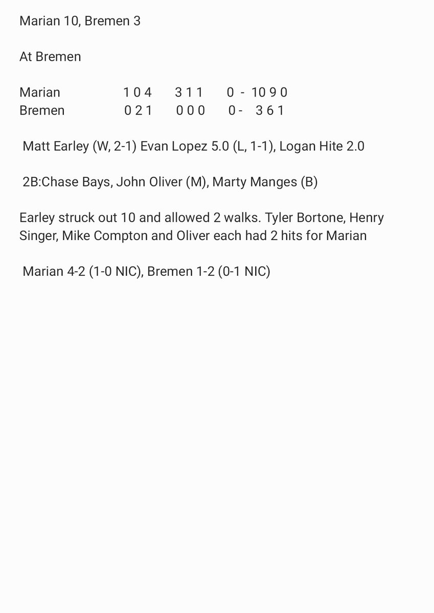Recap of tonight's Marian/Bremen NIC conference game. Marian moves to 4-2 (1-0 NIC).
#OneTeamOneFamily 
#ForTheBoys 
<a href="/IHSBCA/">IN Baseball Coaches</a> <a href="/957Sports/">Redeemer Radio 957 Sports</a> @46Sports